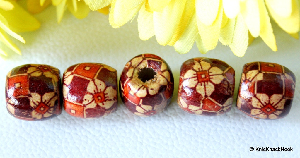 10 x Wood Drum Beads/ Spacers Painted Brown Flower Design 17mm x 16mm