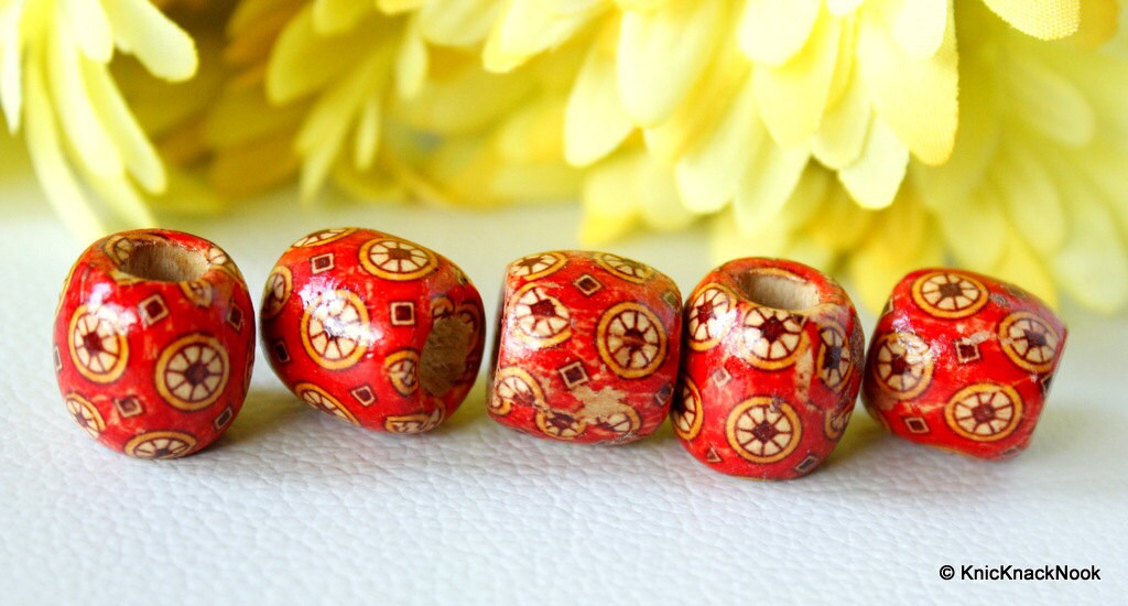 10 x Wood Drum Beads/ Spacers Painted Red Wheel Design 17mm x 16mm