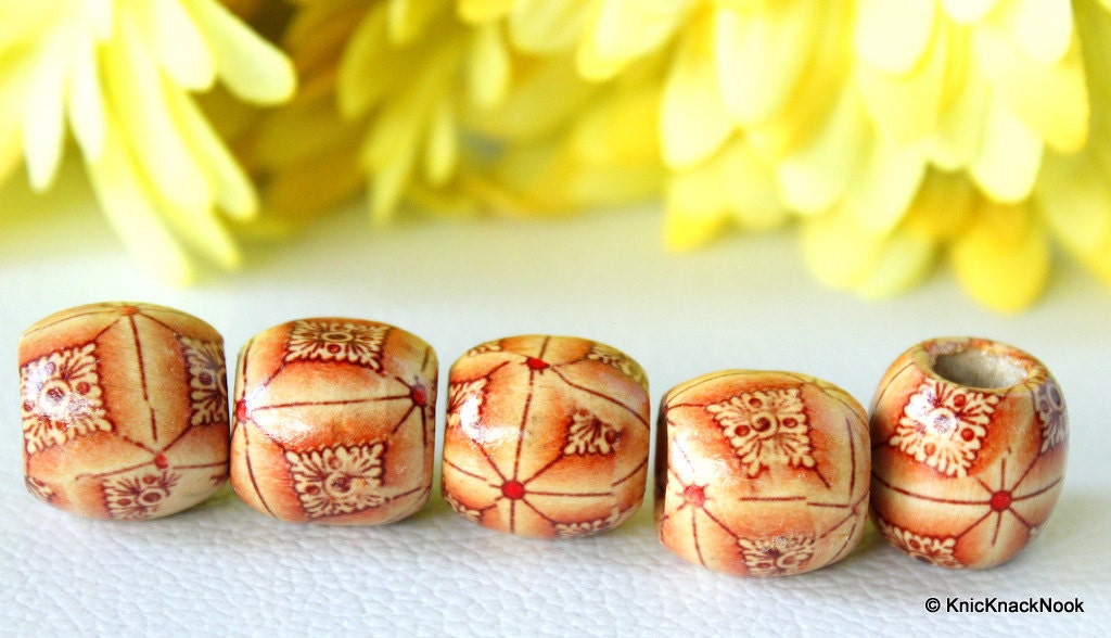 10 x Wood Drum Beads/ Spacers Painted Brown Moroccan Design 17mm x 16mm