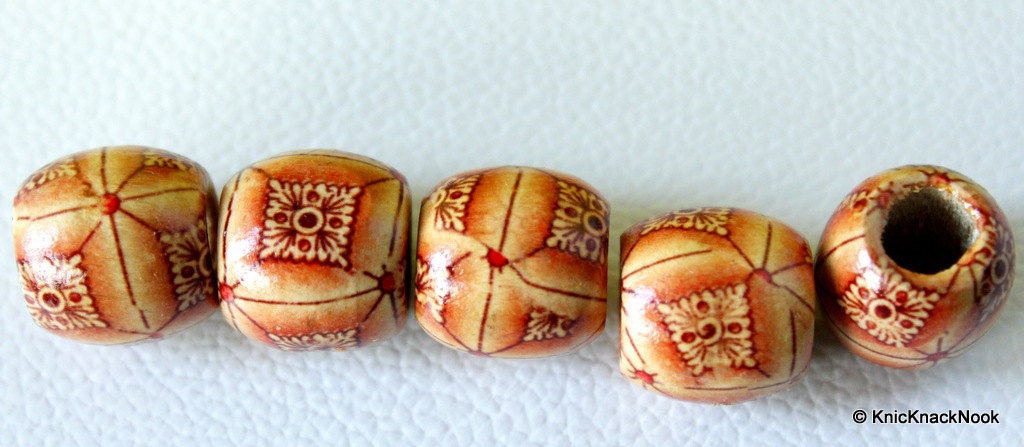 10 x Wood Drum Beads/ Spacers Painted Brown Moroccan Design 17mm x 16mm
