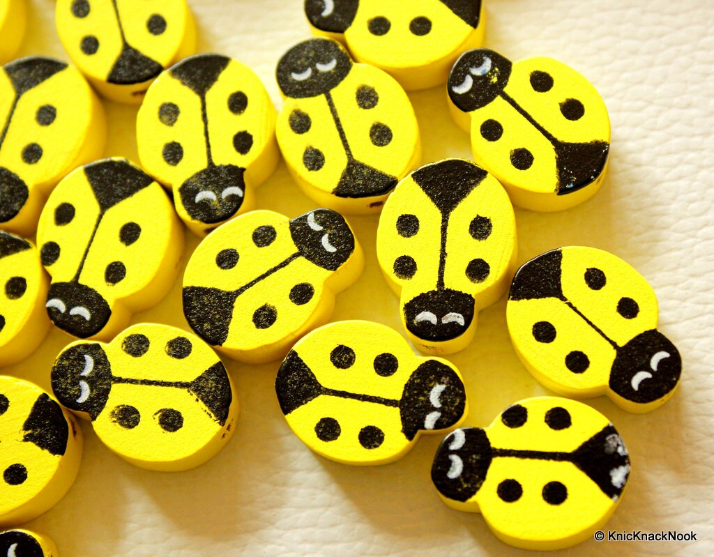 Yellow Ladybug Wood Beads x 10