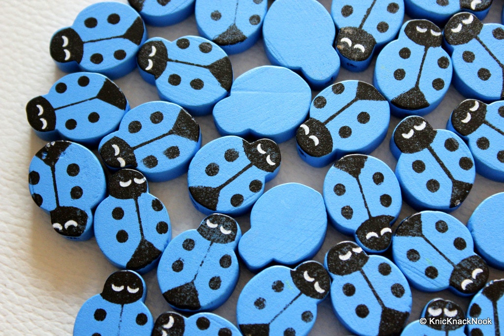 Blue Ladybug Wood Beads x 10