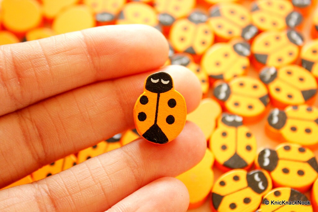Orange Ladybug Wood Beads x 10