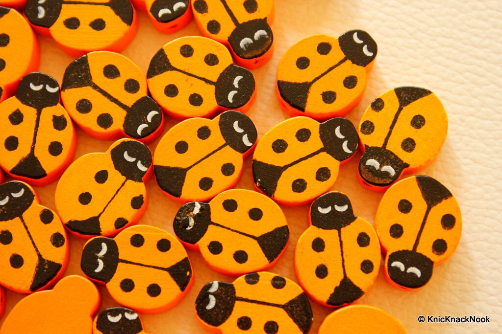 Orange Ladybug Wood Beads x 10
