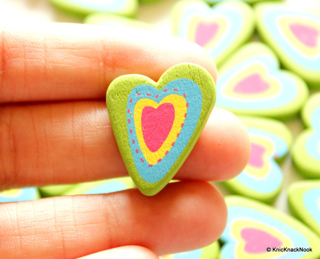 Green, Blue, Yellow And Pink Heart Wood Beads x 5