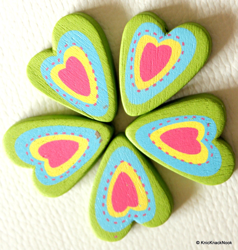 Green, Blue, Yellow And Pink Heart Wood Beads x 5