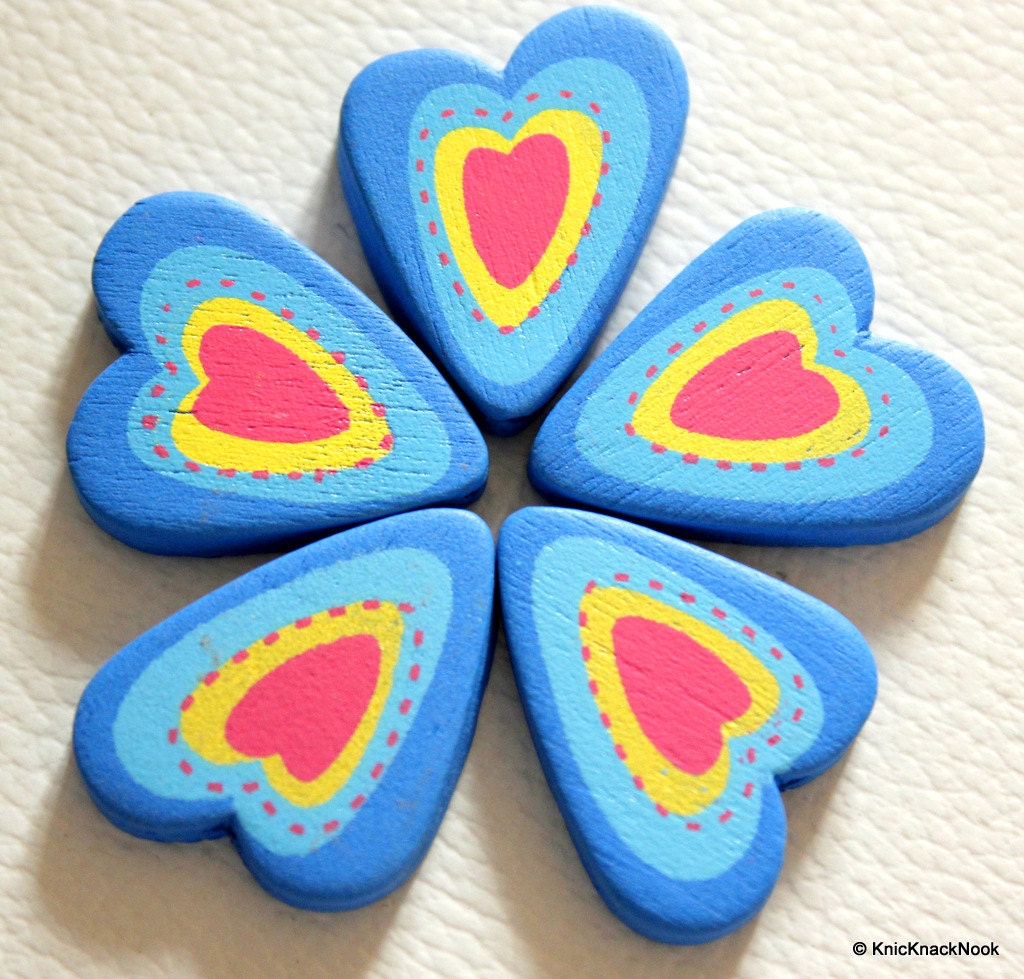 Blue, Yellow And Fuchsia Heart Wood Beads x 5