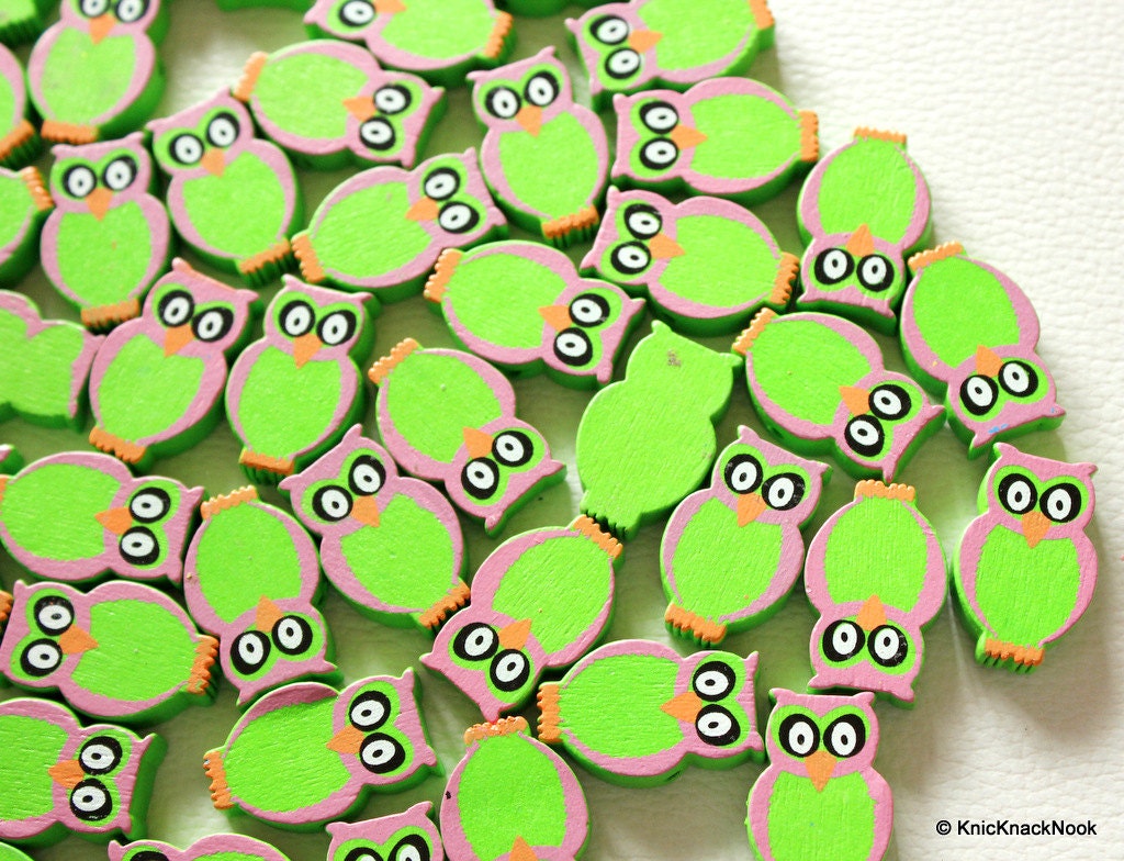 Green And Pink Owl Wood Beads x 10