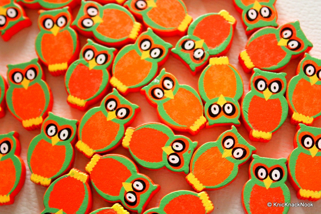 Orange And Green Owl Wood Beads x 10
