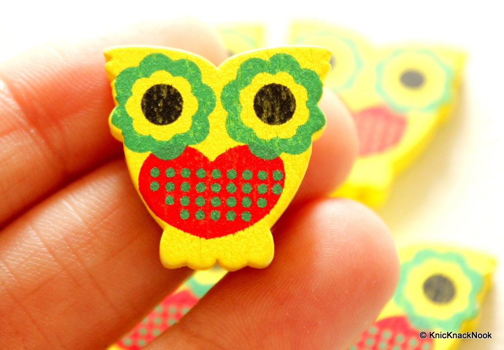 Yellow And Red Owl Wood Beads x 10