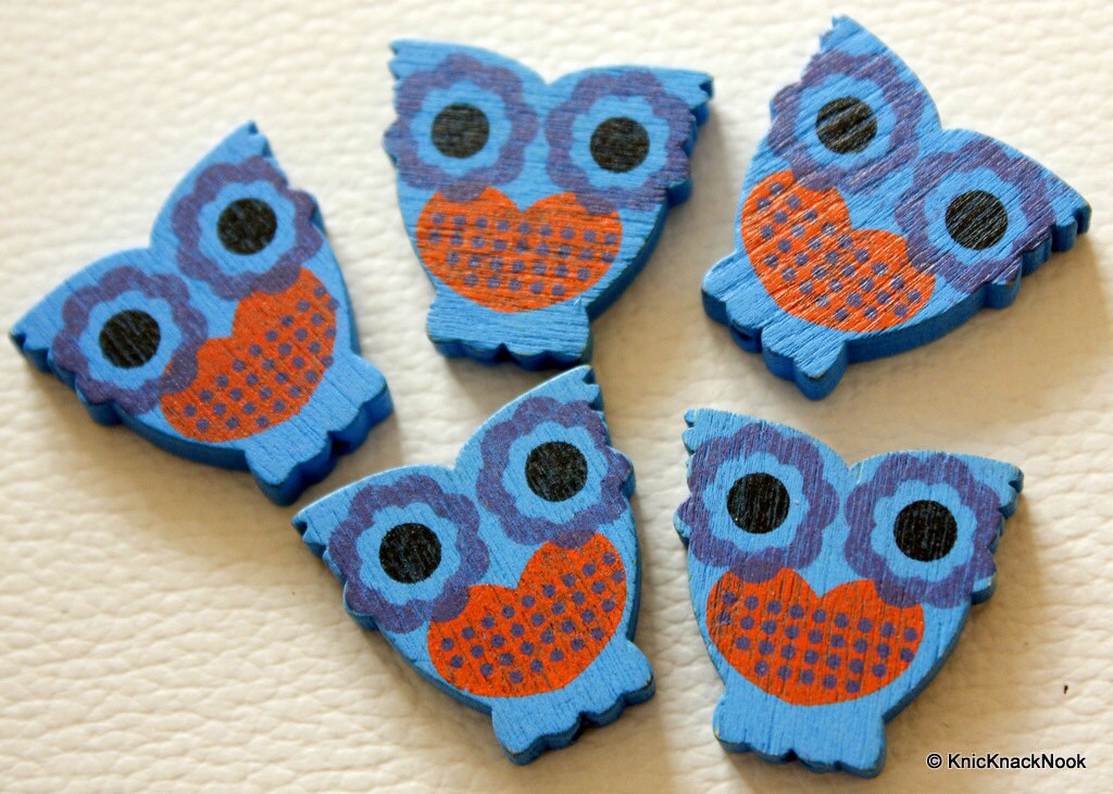 Blue And Red Owl Wood Beads x 10