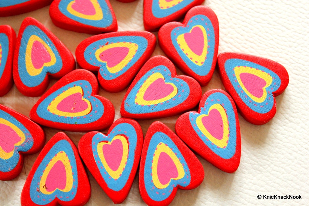 Red, Blue, Yellow And Fuchsia Heart Wood Beads x 5