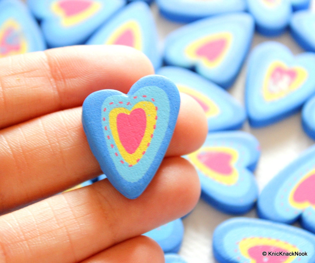Blue, Yellow And Fuchsia Heart Wood Beads x 5