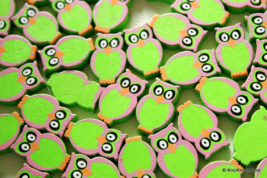 Green And Pink Owl Wood Beads x 10