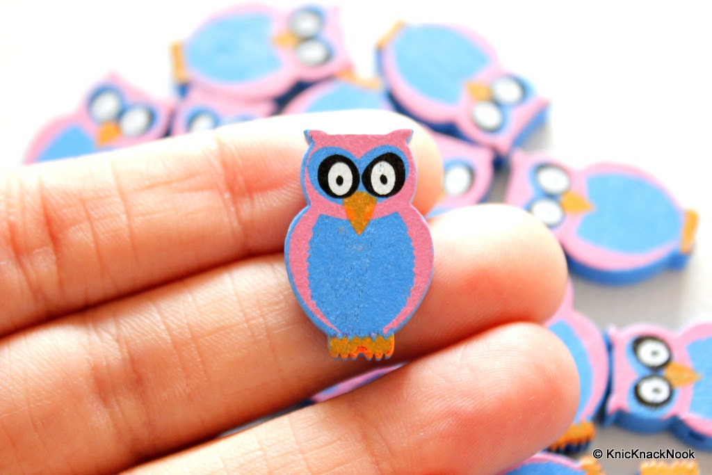 Blue And Pink Owl Wood Beads x 10