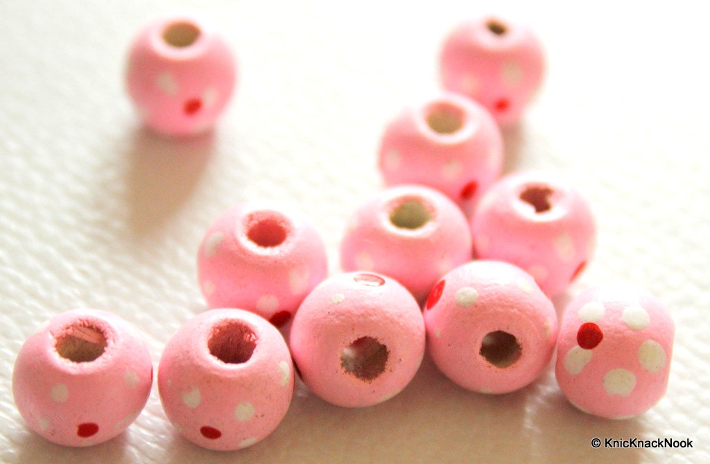 20 x Pink Wood Beads with Handpainted Flowers 10mmx9mm