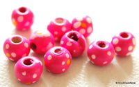 Thumbnail for 20 x Fuchsia Pink Wood Beads with Handpainted Flowers 10mmx9mm