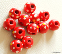 Thumbnail for 20 x Red Wood Beads with Handpainted Flowers 10mmx9mm