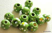 Thumbnail for 20 x Green Wood Beads with Handpainted Flowers 10mmx9mm