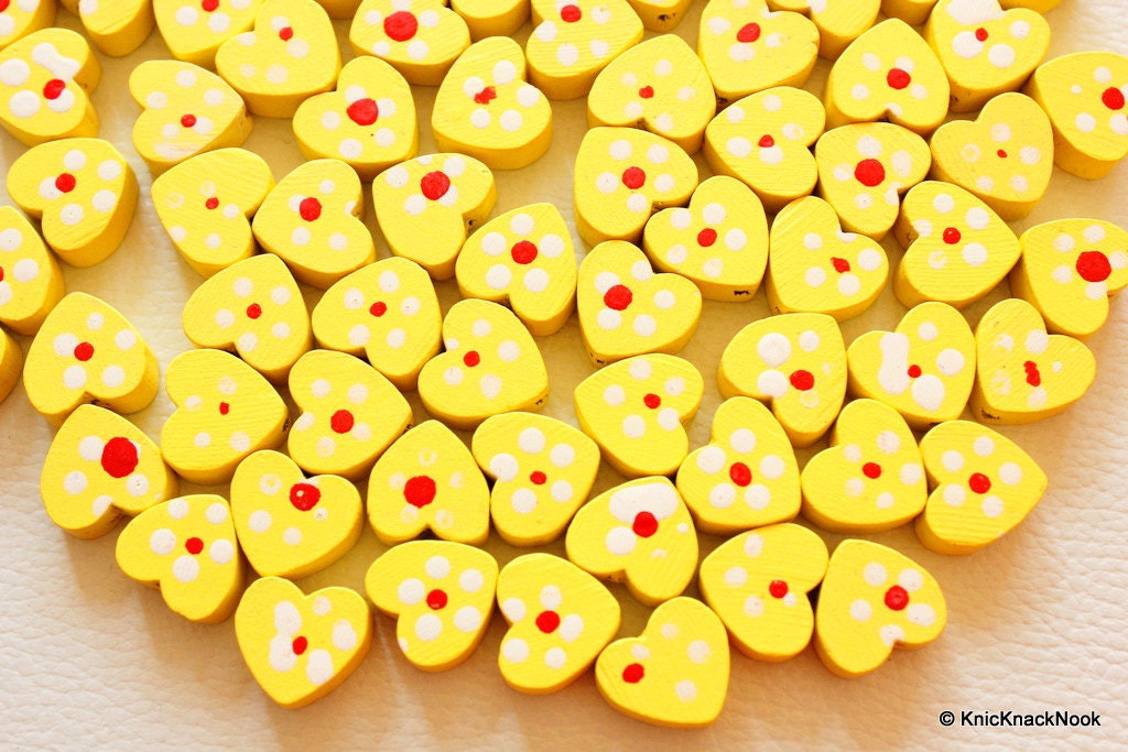 Yellow Wood Heart Beads x 10