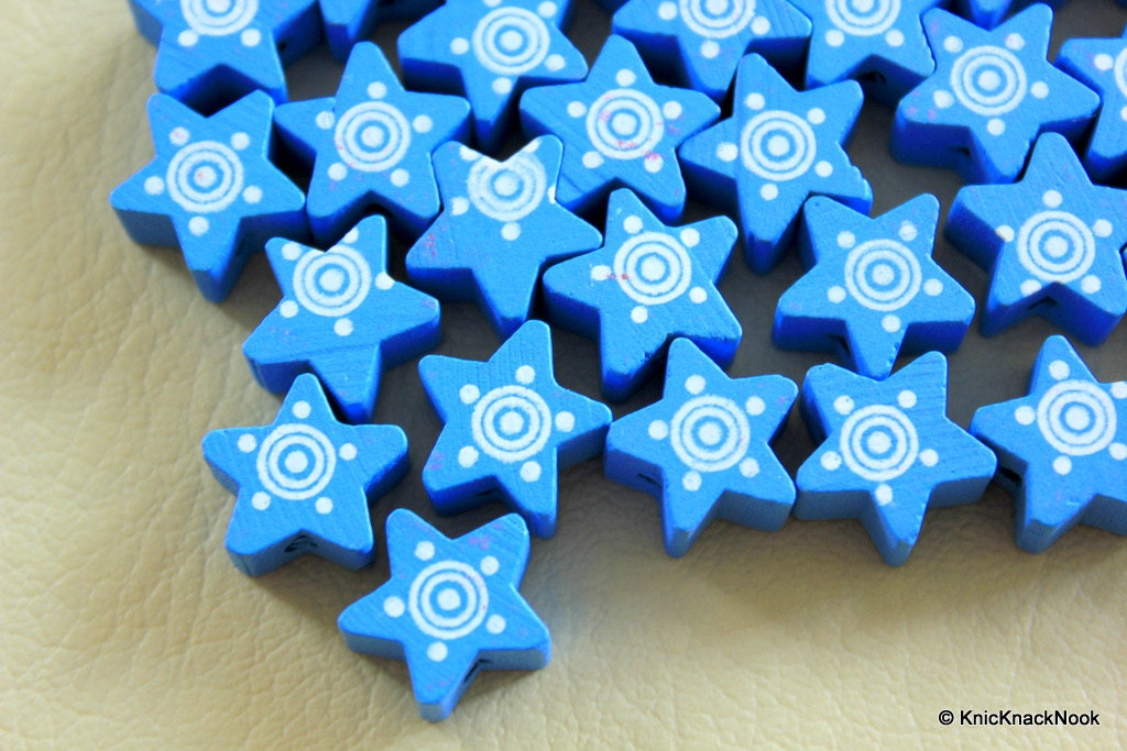 Blue Wood Star Beads x 10