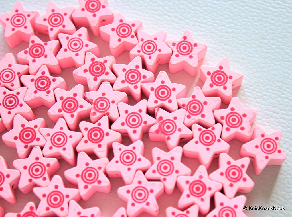 Pink Wood Star Beads x 10
