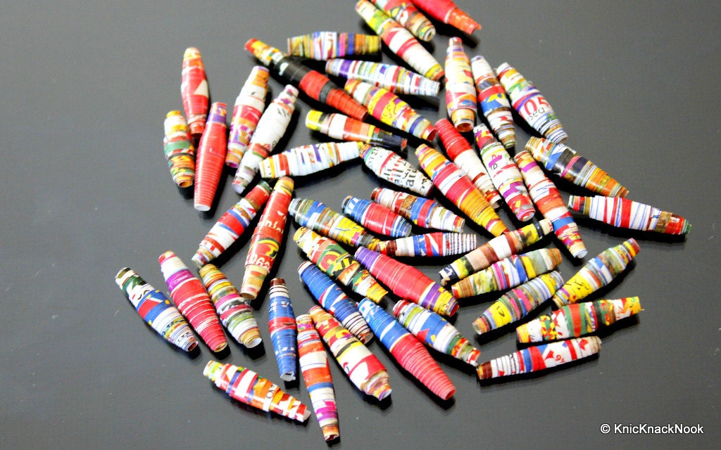Hand Rolled Recycled Paper Beads Multicoloured x 25