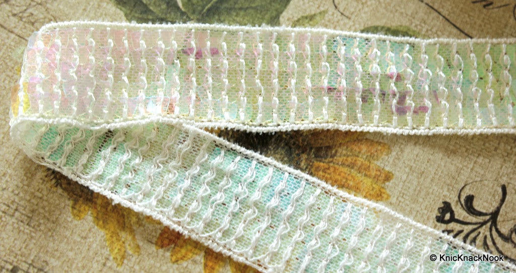 White Trim Border with Light Pink Sequins 26mm wide, Trim By the Yard, Decorative Trim