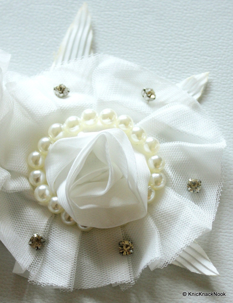 White Rose Fabric Flower With Pearls and Rhinestones Brooch Applique