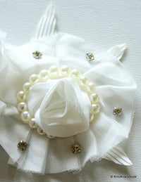 Thumbnail for White Rose Fabric Flower With Pearls and Rhinestones Brooch Applique