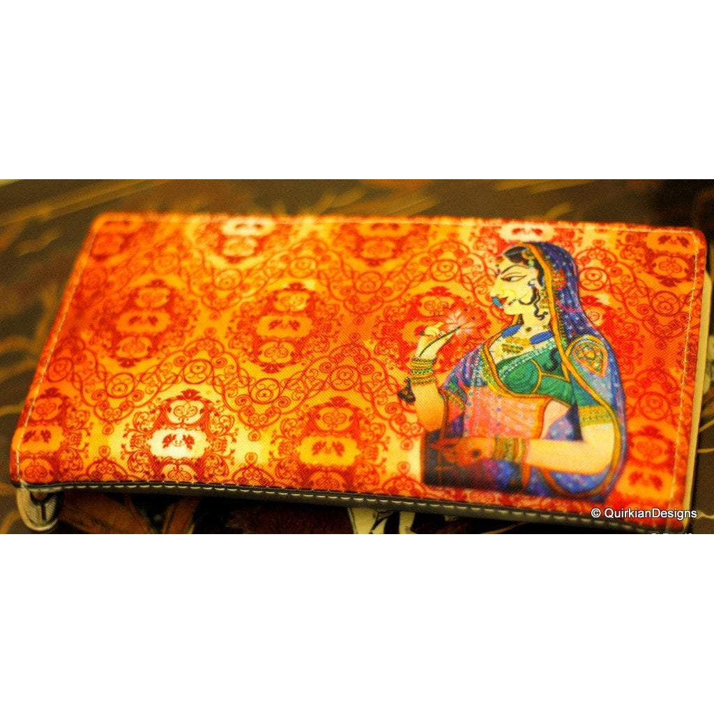 Orange Clutch, Faux Leather Purse,Traditional Indian Woman Digital Print