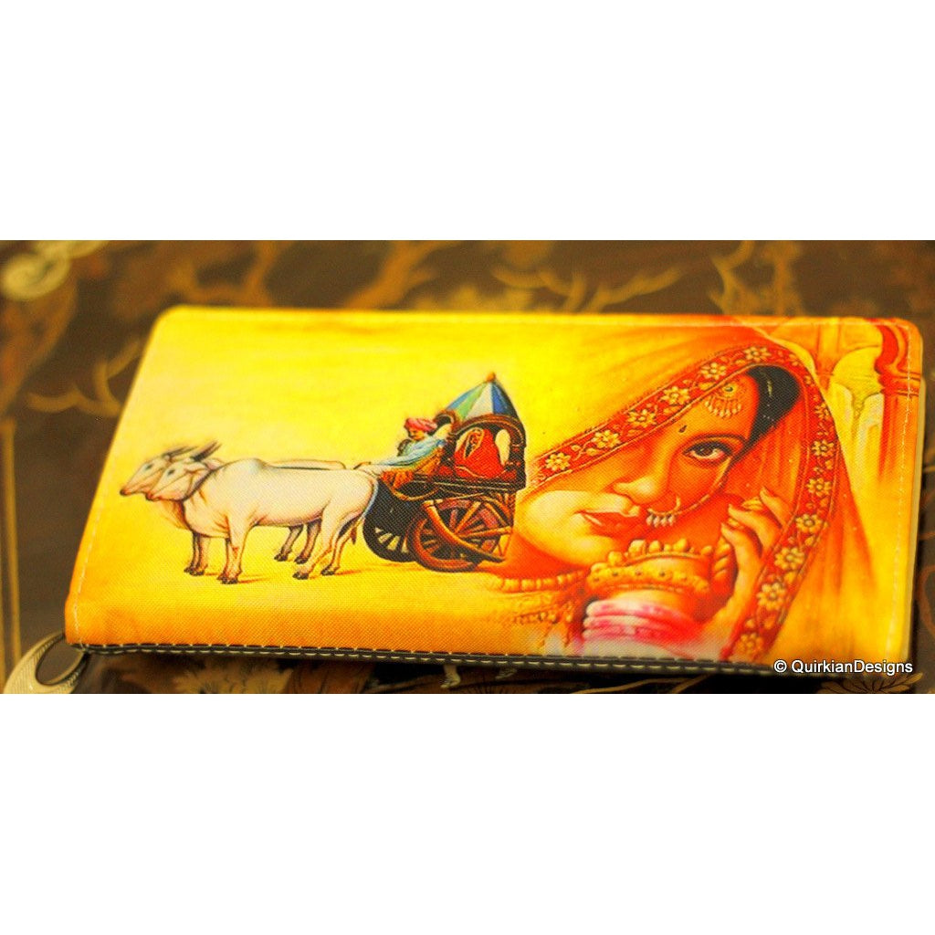 Yellow Clutch Purse With Indian Village Scene Digital Print, Faux Leather and Fabric Purse