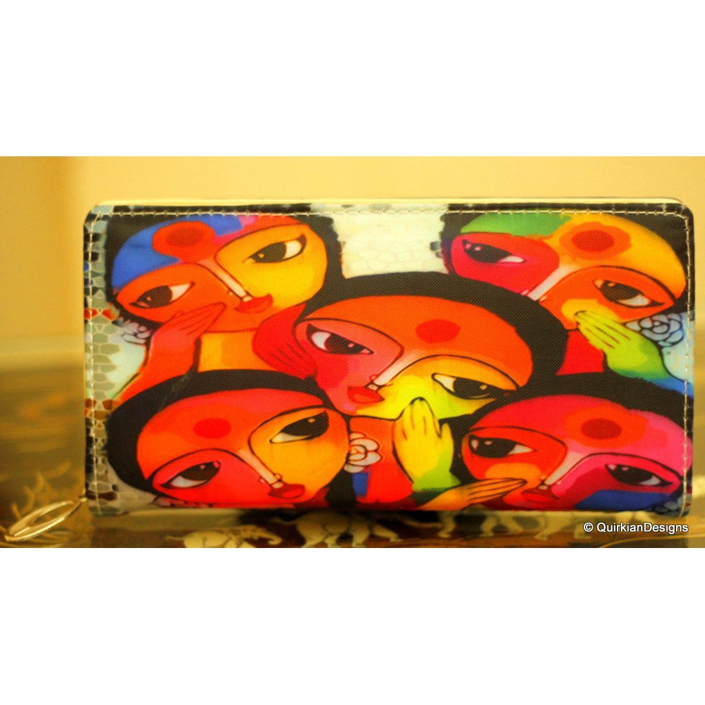 Indian Women Art Work Digital Print Multicoloured Clutch Purse, Faux Leather Fabric Purse