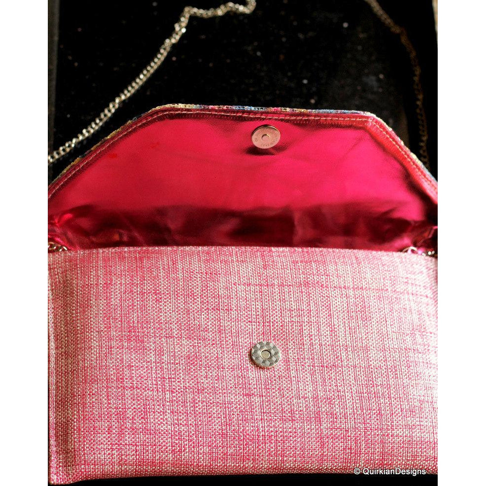 Pink Jute Clutch Purse With Multicoloured Sequin Flowers