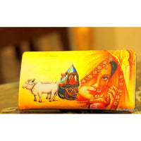 Thumbnail for Yellow Clutch Purse With Indian Village Scene Digital Print, Faux Leather and Fabric Purse