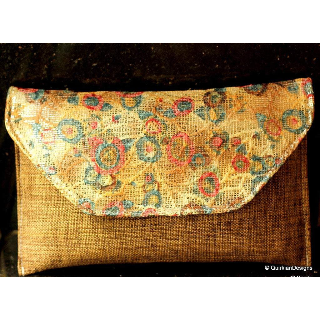 Brown Jute Clutch Purse With Multicoloured Sequin Flowers