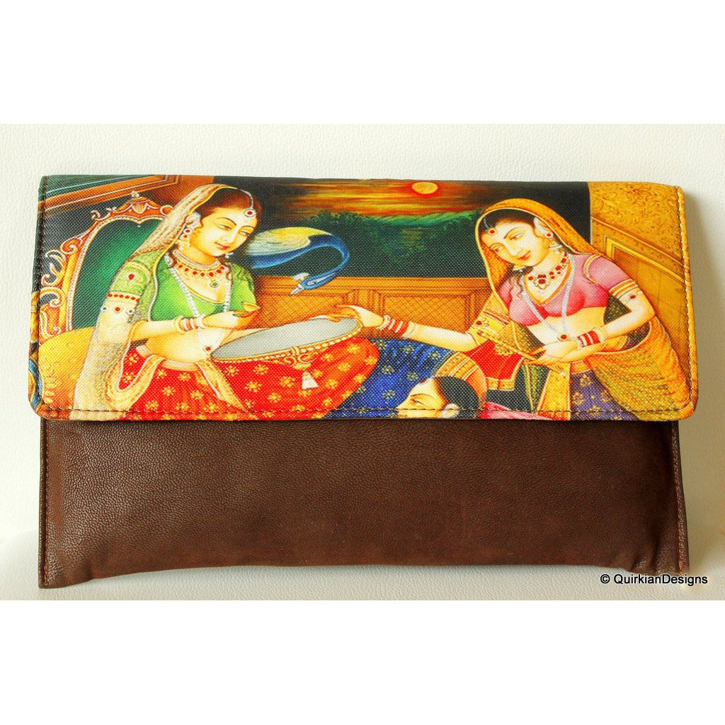 Brown Clutch Purse, Indian Art Work, Wedding & Party Clutch, Faux Leather and Fabric Purse