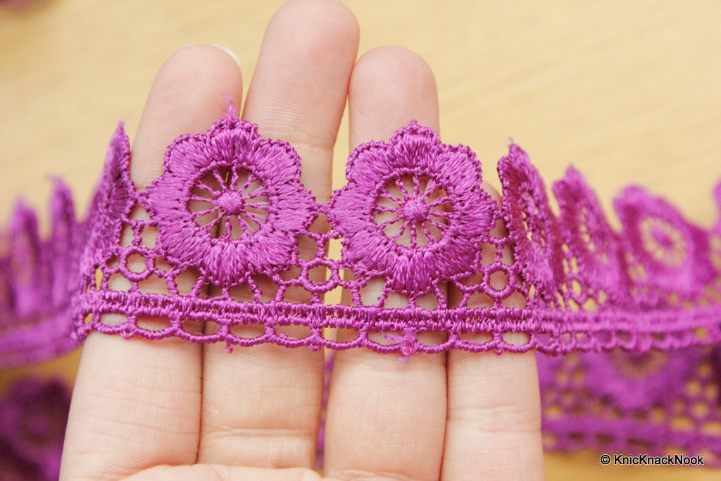 Purple Embroidered Flower Lace Trim Ribbon Approx 32mm wide