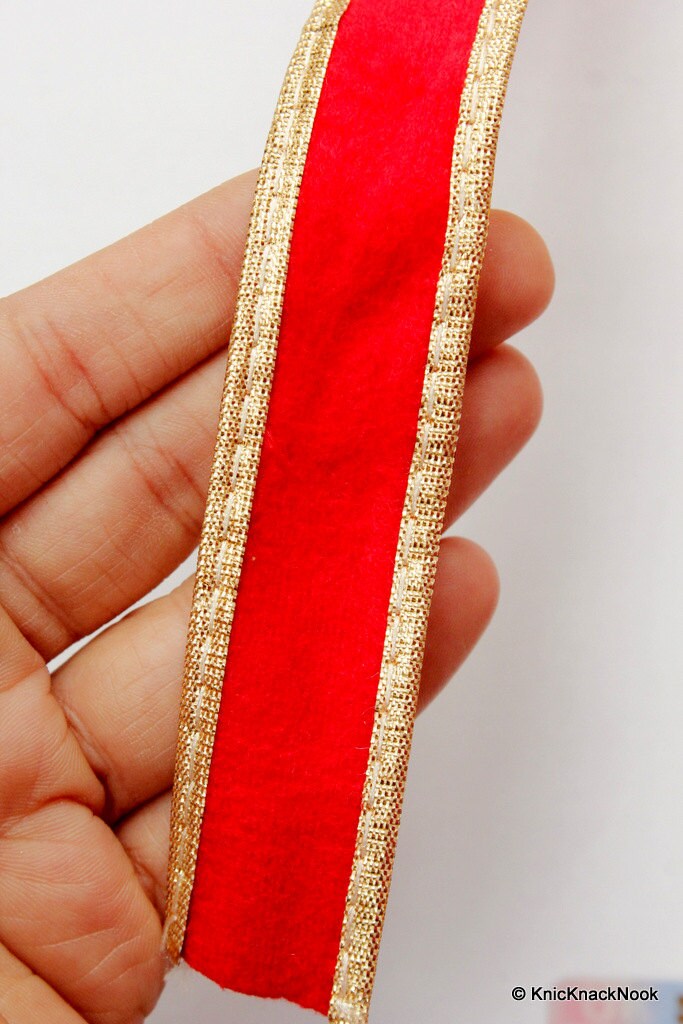 Red Velvet Trim Ribbon WIth Gold Border Piping