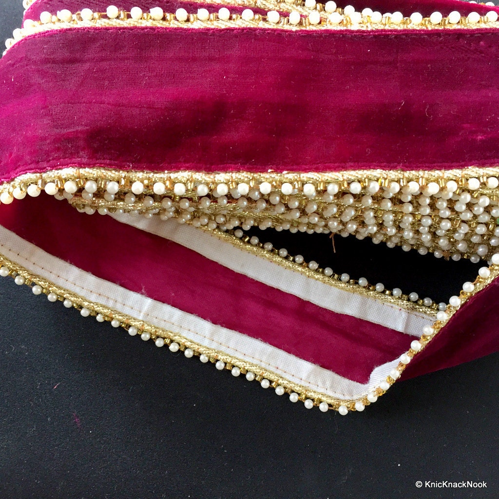 Burgundy Velvet Trim With Pearls And Gold Border Piping