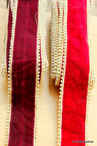 Thumbnail for Maroon Velvet Trim With Pearls And Gold Border Piping, Exclusive Velvet Costume Trim, Velvet Fabric Trimming