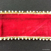 Thumbnail for Maroon Velvet Trim With Pearls And Gold Border Piping, Exclusive Velvet Costume Trim, Velvet Fabric Trimming