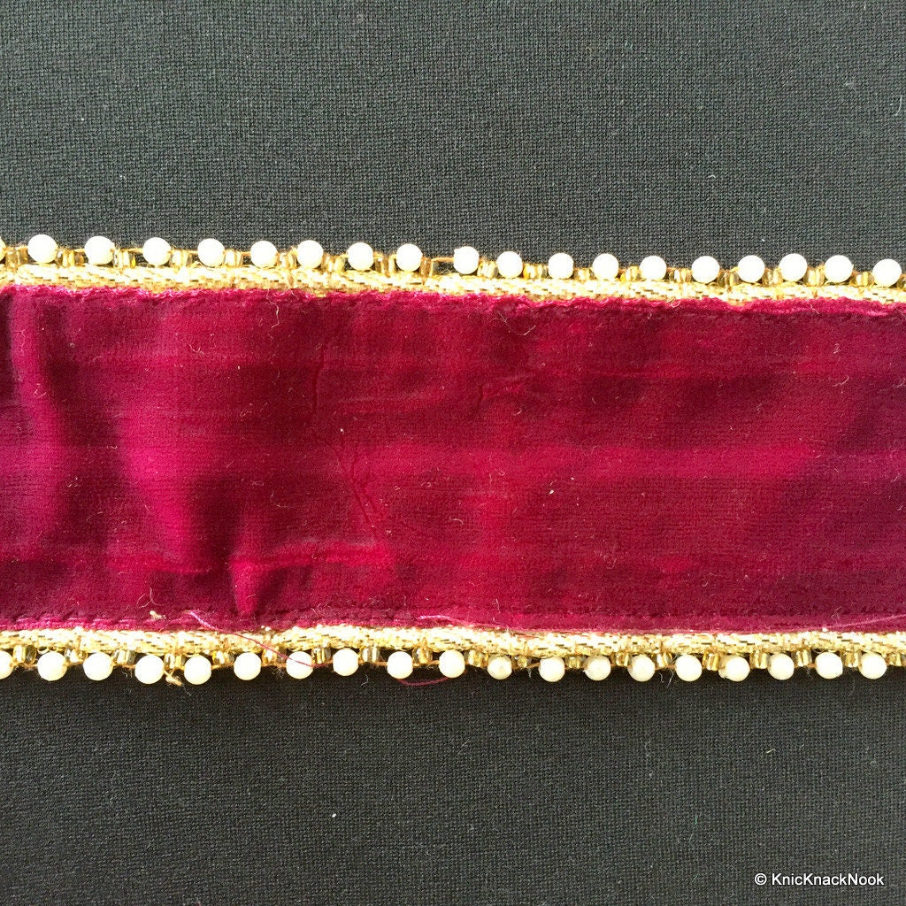 Burgundy Velvet Trim With Pearls And Gold Border Piping
