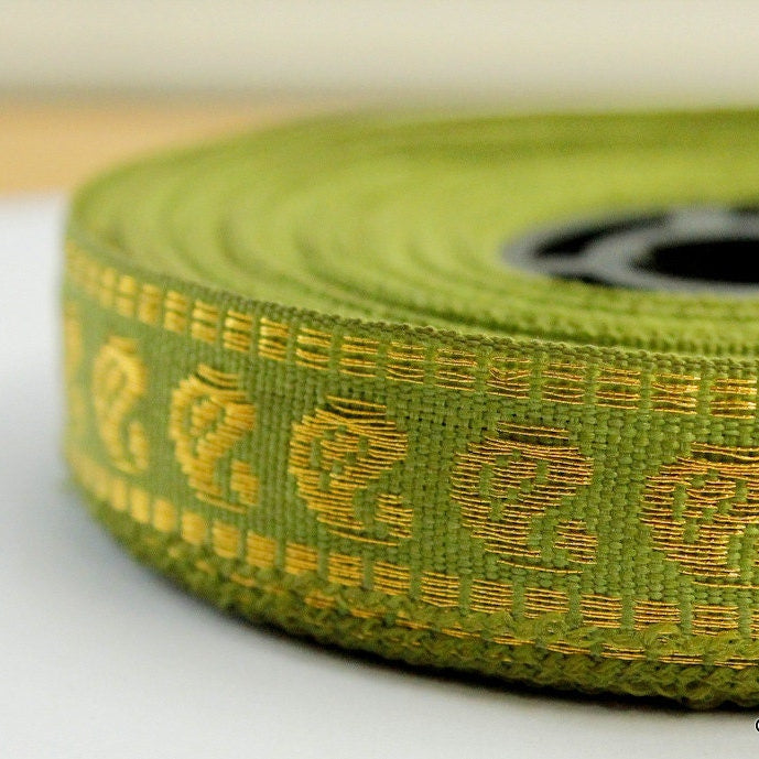 Wholesale Jacquard Weave Green And Gold Silk Embroidery 9 Yards Lace Trim 15mm Wide, Costume Trim, Giftwrapping Ribbon