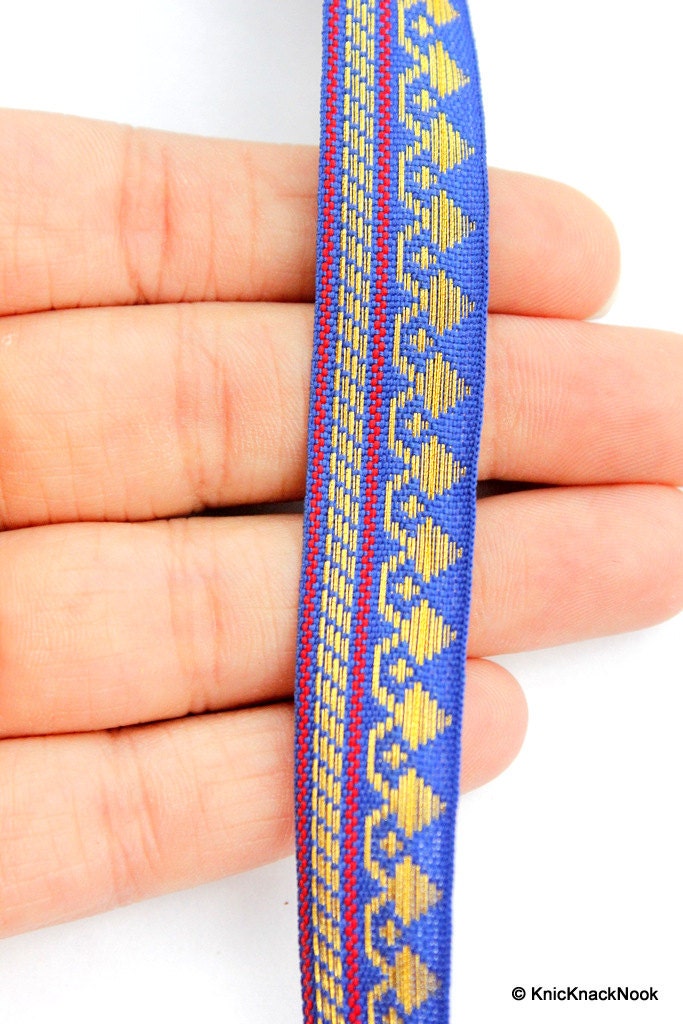 Blue, Red and Gold Embroidery Silk One Yard Lace Trim 16mm Wide