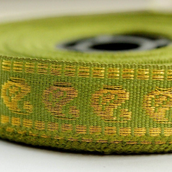 Wholesale Jacquard Weave Green And Gold Silk Embroidery 9 Yards Lace Trim 15mm Wide, Costume Trim, Giftwrapping Ribbon