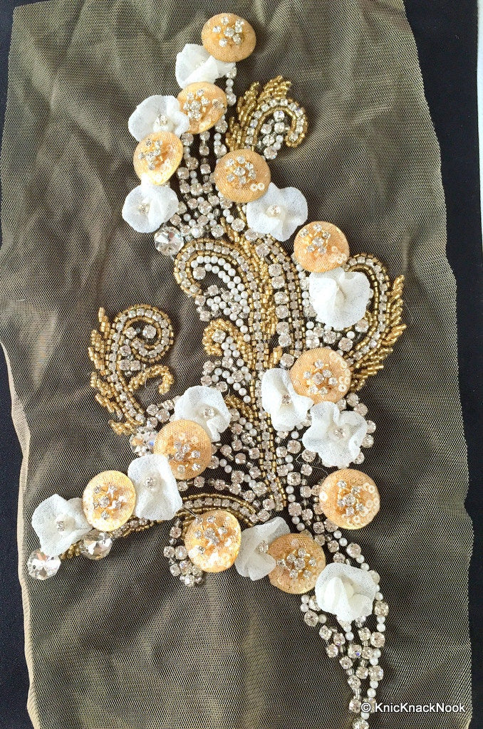 Beige Faux Swarovski Crystal, Pearl, Silver Beaded Applique Wedding Bridal Accessories