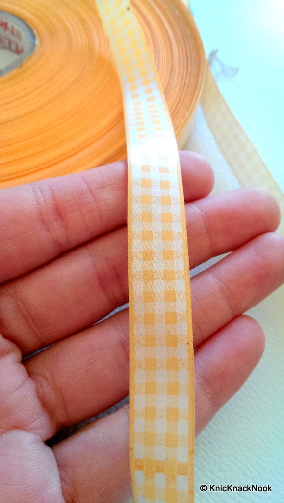 Orange And White Checks, Chequered Satin Ribbon Trim, 15mm wide