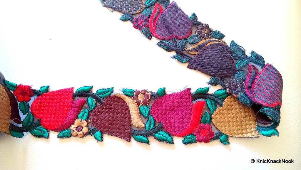 Red, Brown, Maroon Hearts With Green Leaves And Flowers On Black Sheer Fabric Trim