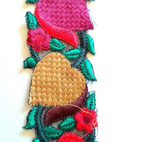 Thumbnail for Red, Brown, Maroon Hearts With Green Leaves And Flowers On Black Sheer Fabric Trim